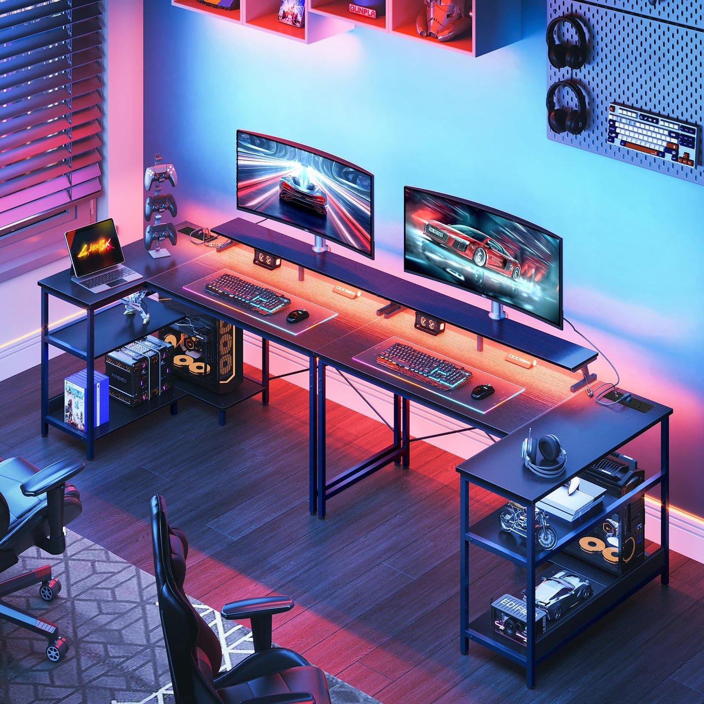 Black Coleshome L shaped gaming desk with LED lights, storage shelves, monitor stand, power outlet, and reversible corner design.