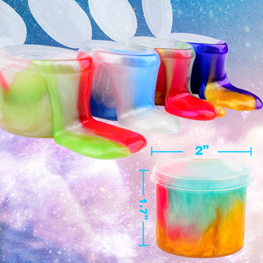 Four colorful Galaxy Slime toys by Petyuioyu, soft, non-sticky slime kits for kids, stress relief, and fun sensory play.