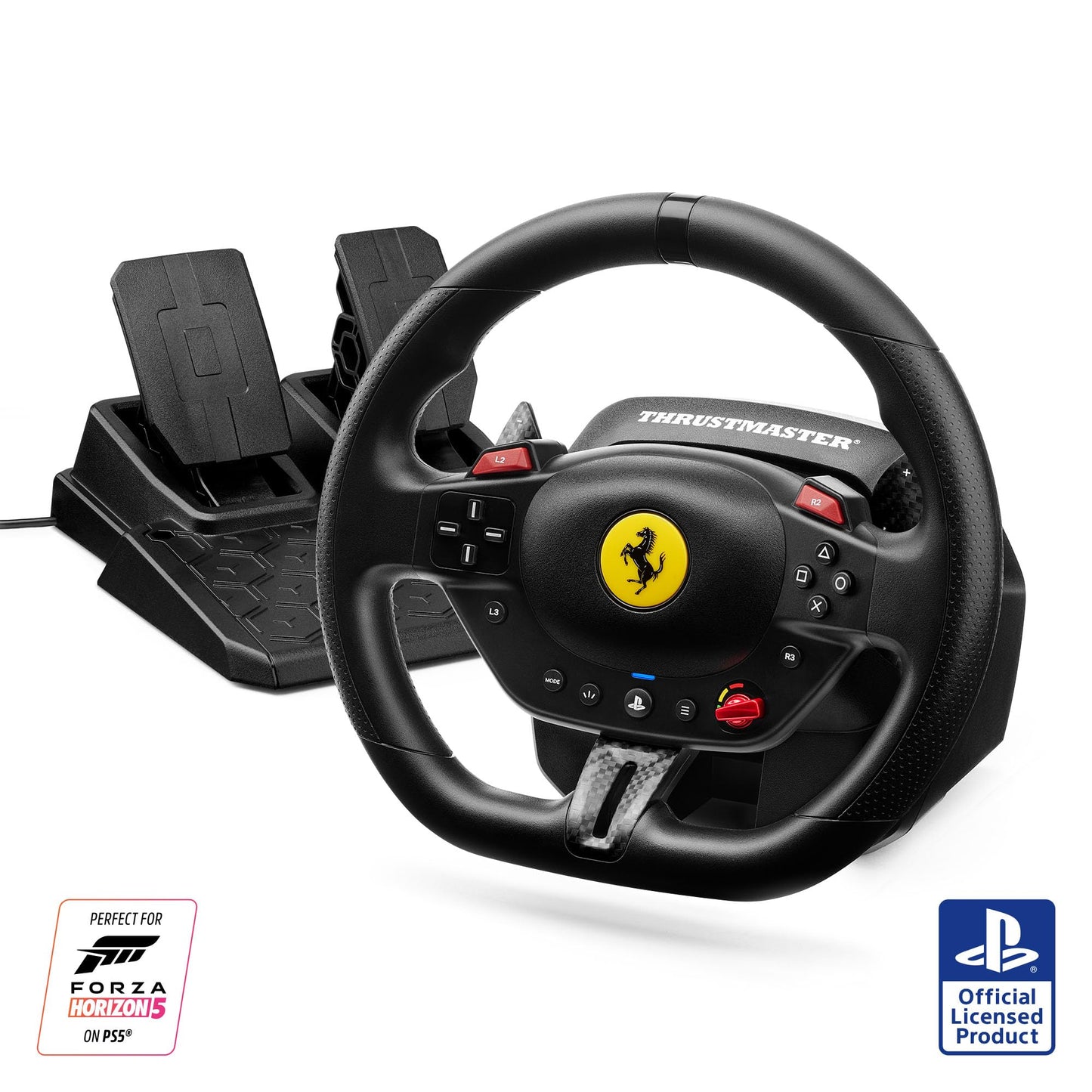 Thrustmaster T98 Ferrari 296 GTB racing wheel and pedals in black with Manettino dial and bungee cord technology for PS5, PS4, and PC