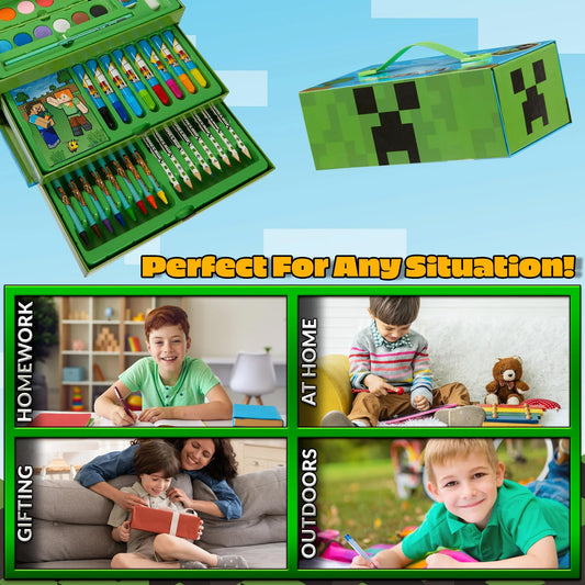 Minecraft Art Supplies Set with Colouring Pencils Felt Tip Pens Watercolour Paints Wax Crayons for Drawing Painting Set Creeper Travel Art Set Gamer Gifts