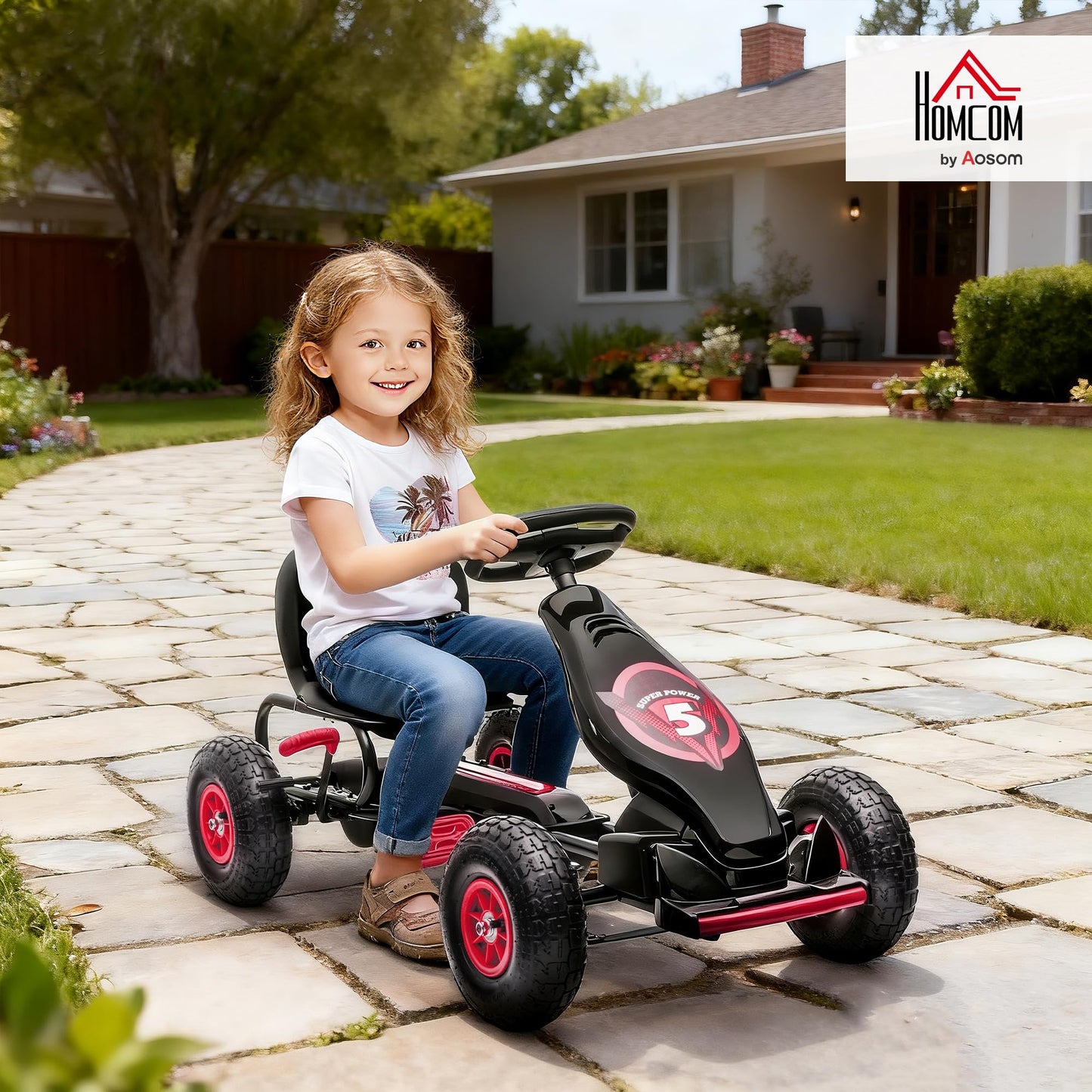 HOMCOM Children Pedal Go Kart, Raving Go Kart with Adjustable Seat, Inflatable Tyres, Shock Aborb, Handbrake, for Ages 5-12 Years - Red