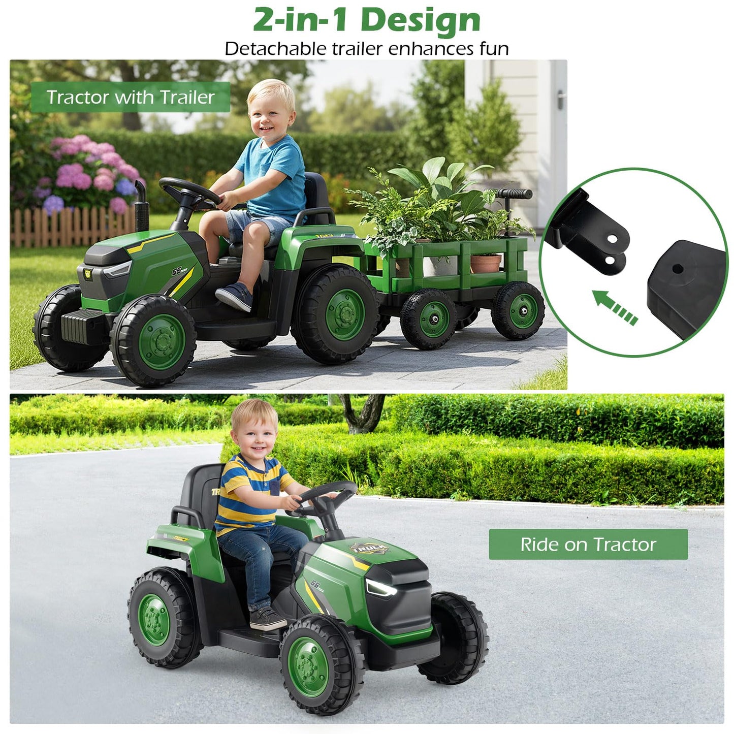 Maxmass Kids Ride on Tractor and Trailer, 12V Battery Powered Electric Construction Toy Car with Remote Control, USB, LED Headlights, Horn, Children Ride on Bulldozer for 3-8 Years Old (Dark Green)