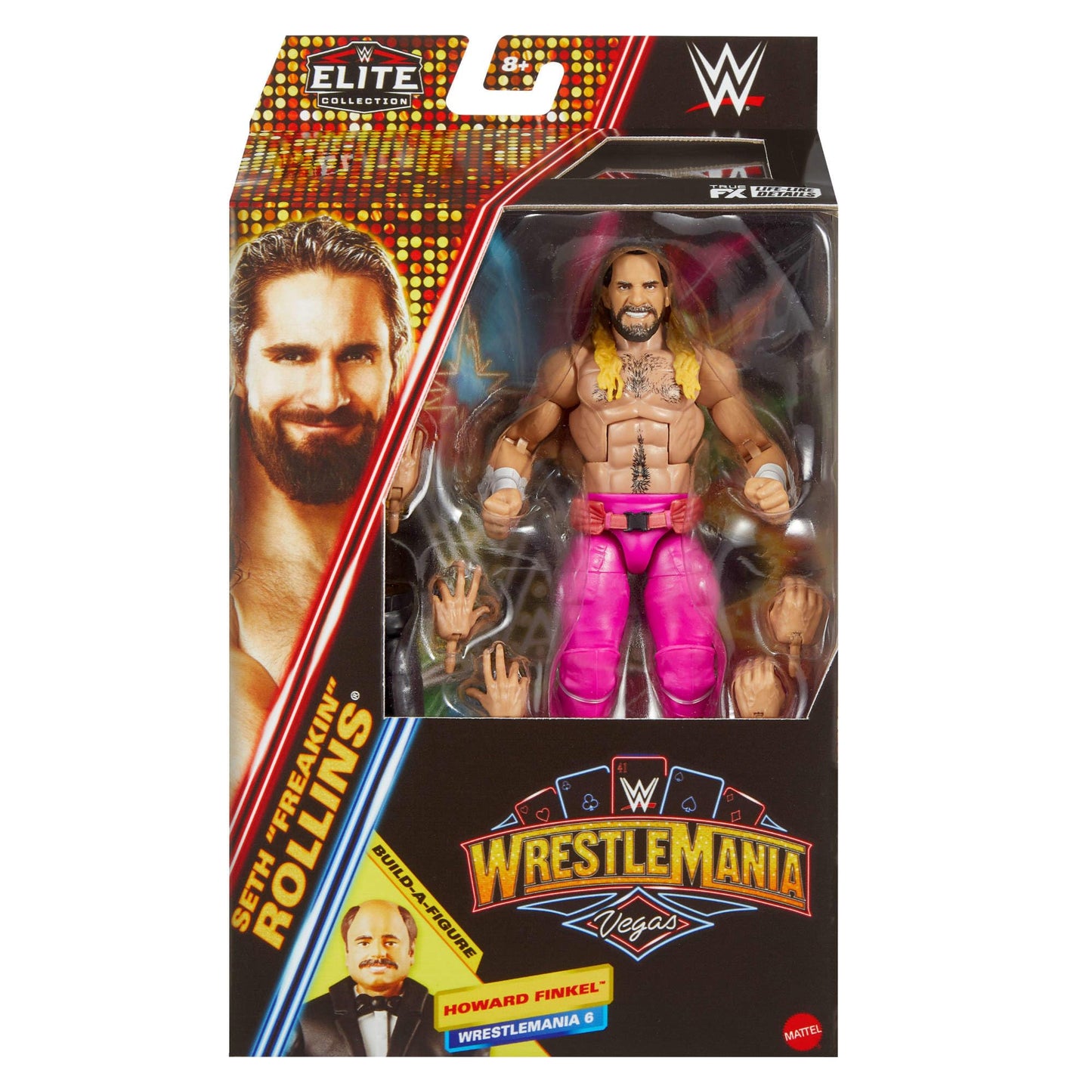 Mattel WWE Elite Collection Action Figure & Accessories, Premium Live Event Seth “Freakin” Rollins Set, WrestleMania with Howard Finkel Build-A-Figure Parts, JCJ51