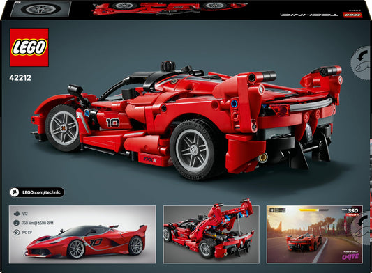 LEGO Technic Ferrari FXX K model kit featuring detailed V12 engine, differential, and moving pistons for display and play.