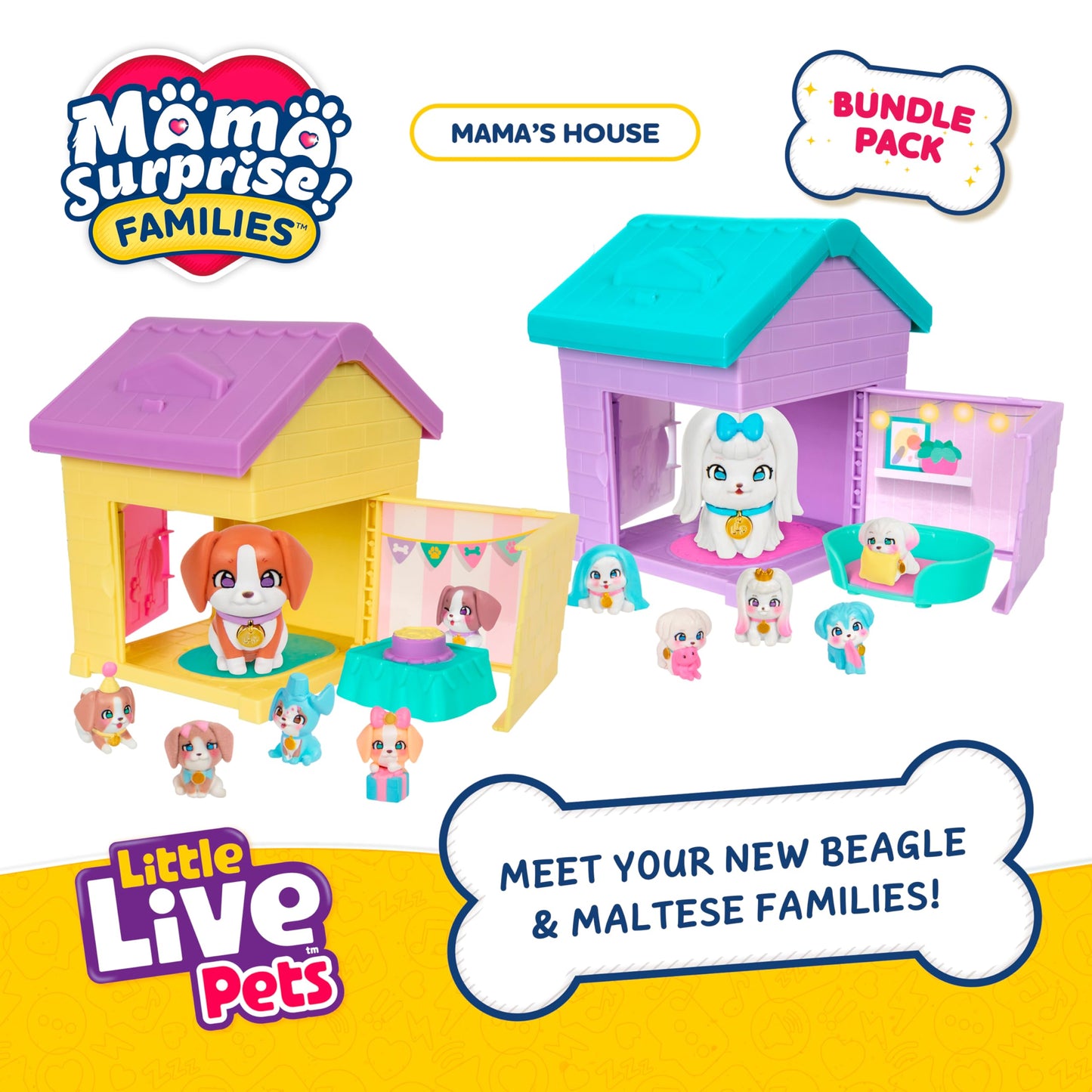 Little Live Pets Mama Surprise Families - Mama's House Beagle and Maltese Bundle, 2 Unique Houses & Puppies, Each Mama Magically Has 4-6 Babies, Fold Out Playset, 80+ to Collect, Fun Gift For Kids