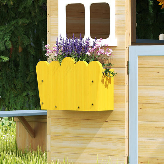 Outsunny wooden kids' playhouse with blue exterior, door, windows, picnic bench, flower pot, and pretend play stations for ages 3-7
