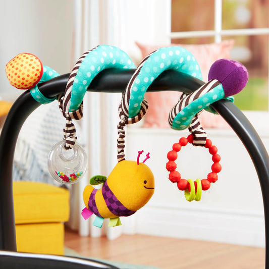 B. toys Wiggle Wrap for car seat, stroller, crib with spiral design, includes plush bee, rattle, and teether for infants 0+ months.