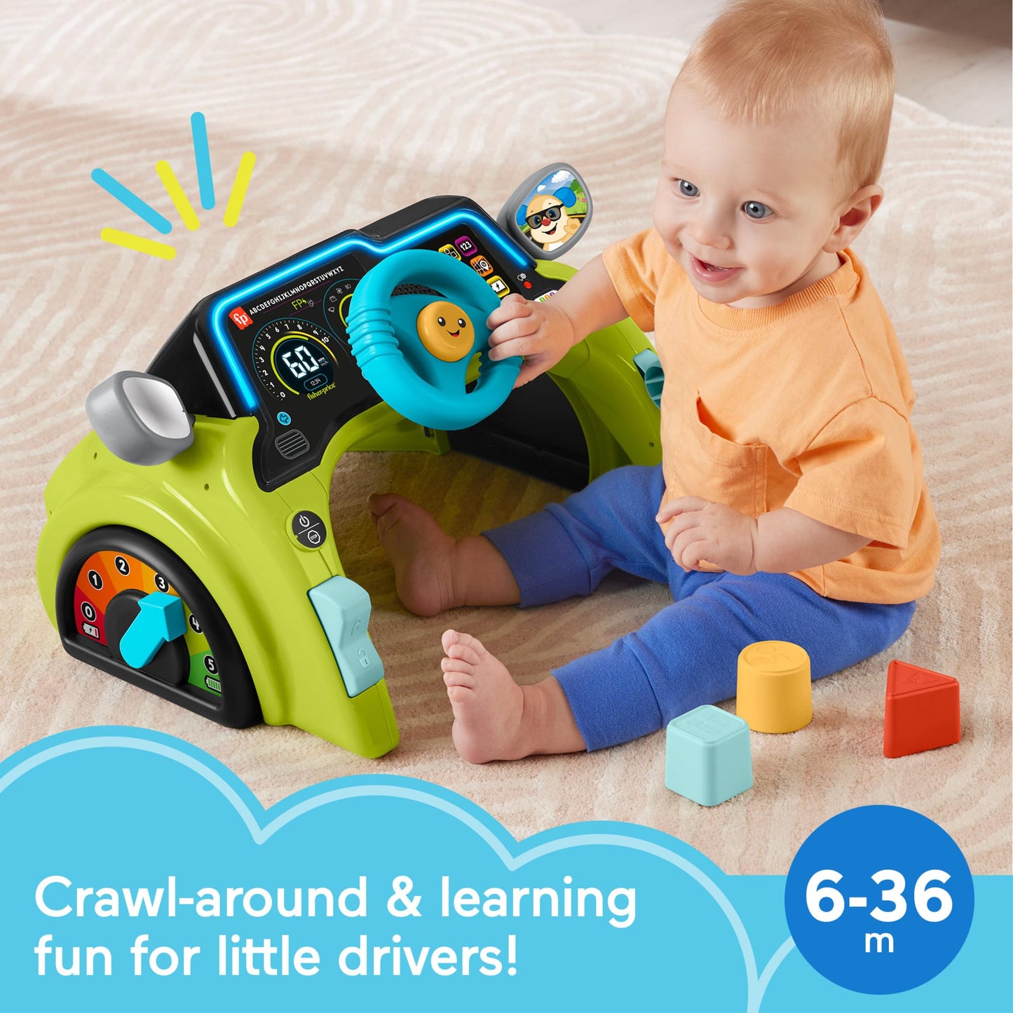 Fisher-Price Laugh & Learn Sit & Steer Driver Car activity center with colorful buttons and steering wheel for babies 6 months+.