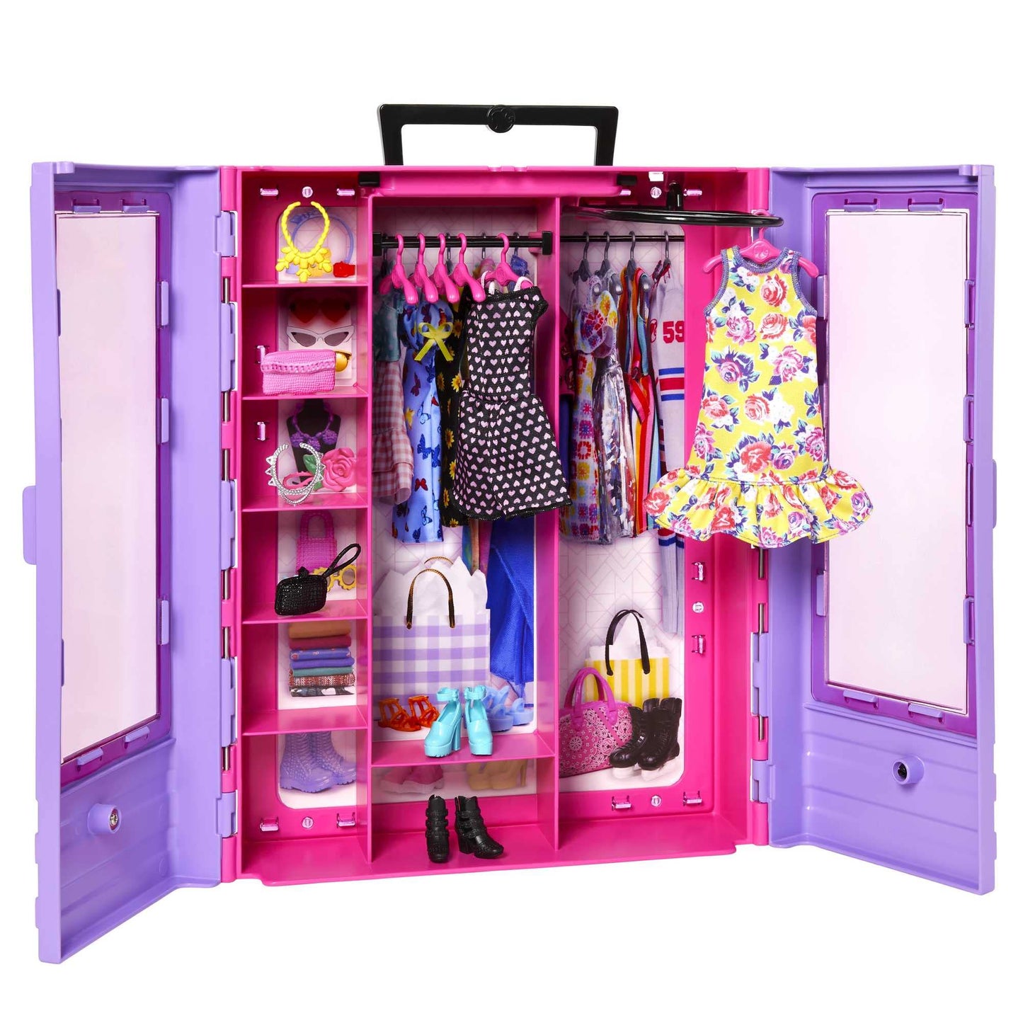 Barbie Fashionistas ultimate closet toy with doll, clothing, accessories, and hangers for kids ages 3 and up.