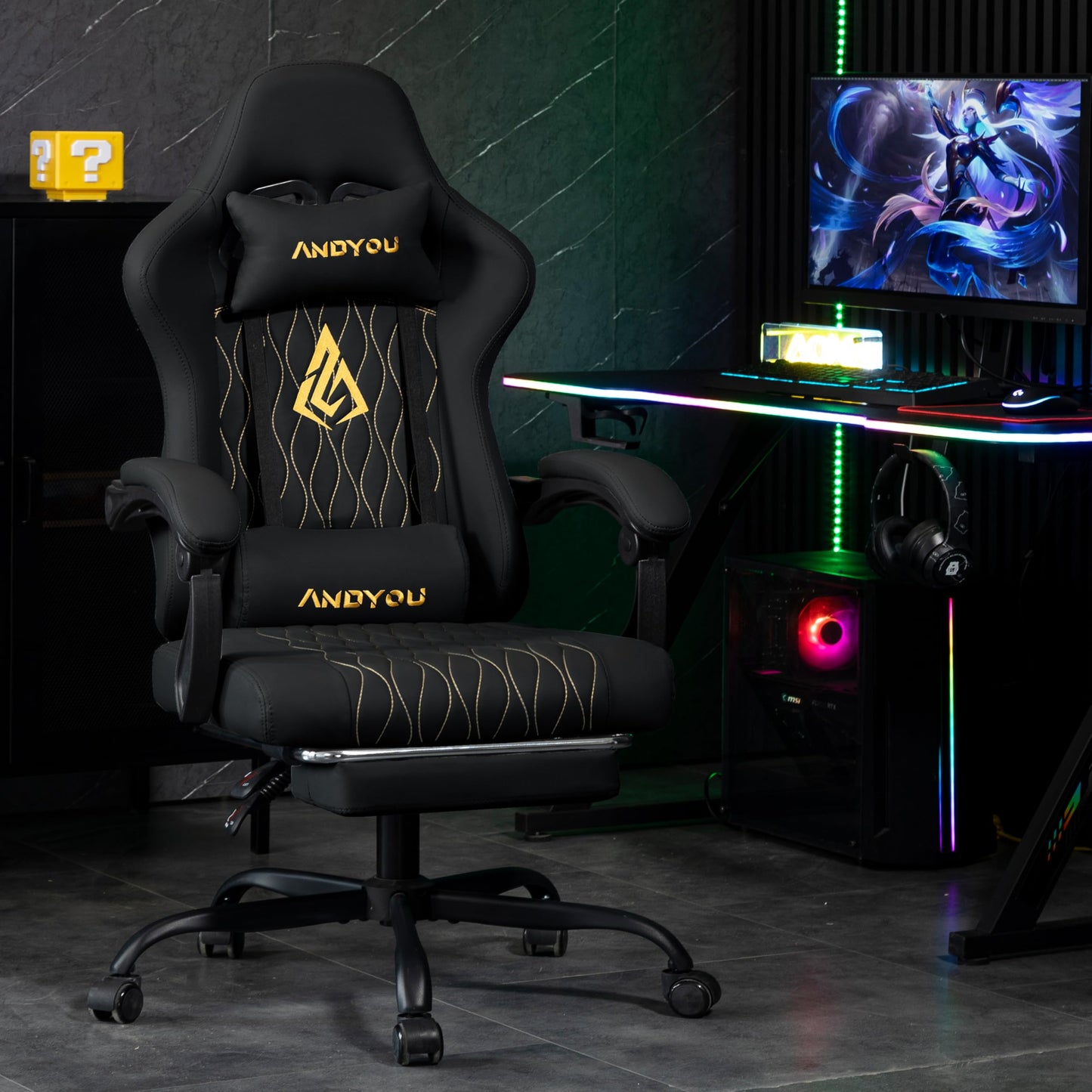 Andyou gaming chair with footrest, ergonomic PC chair with lumbar support, adjustable swivel, PU leather, ideal for adults.