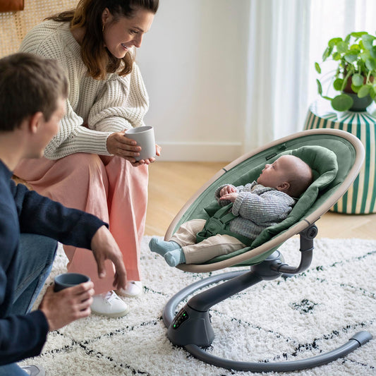 Maxi-Cosi Cassia electric baby swing chair with 360° rotation, 12 melodies, multiple speeds, recline positions, in essential graphite.