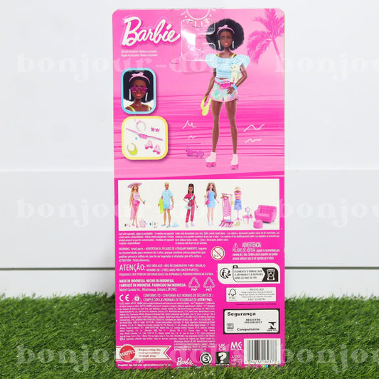 Barbie doll with natural afro hairstyle, roller skates, trendy outfit, storytelling accessories, and pet puppy.