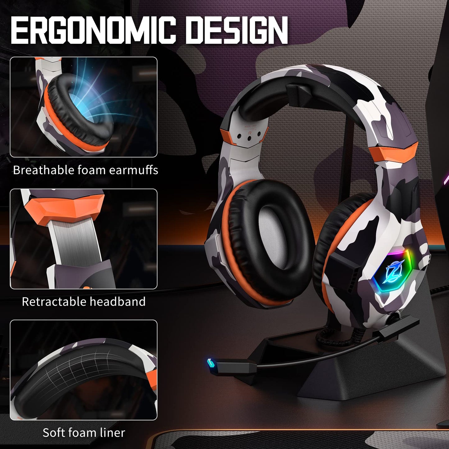 Ozeino Gaming Headset for PS4 PS5 PC, Over-Ear Headphones with Surround Sound & RGB Light for Xbox Switch Mac Laptop