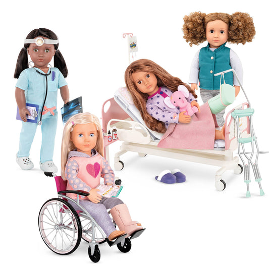 Our Generation doll hospital bed set with gown, stethoscope, and medical kit for 18-inch dolls, perfect for imaginative play.