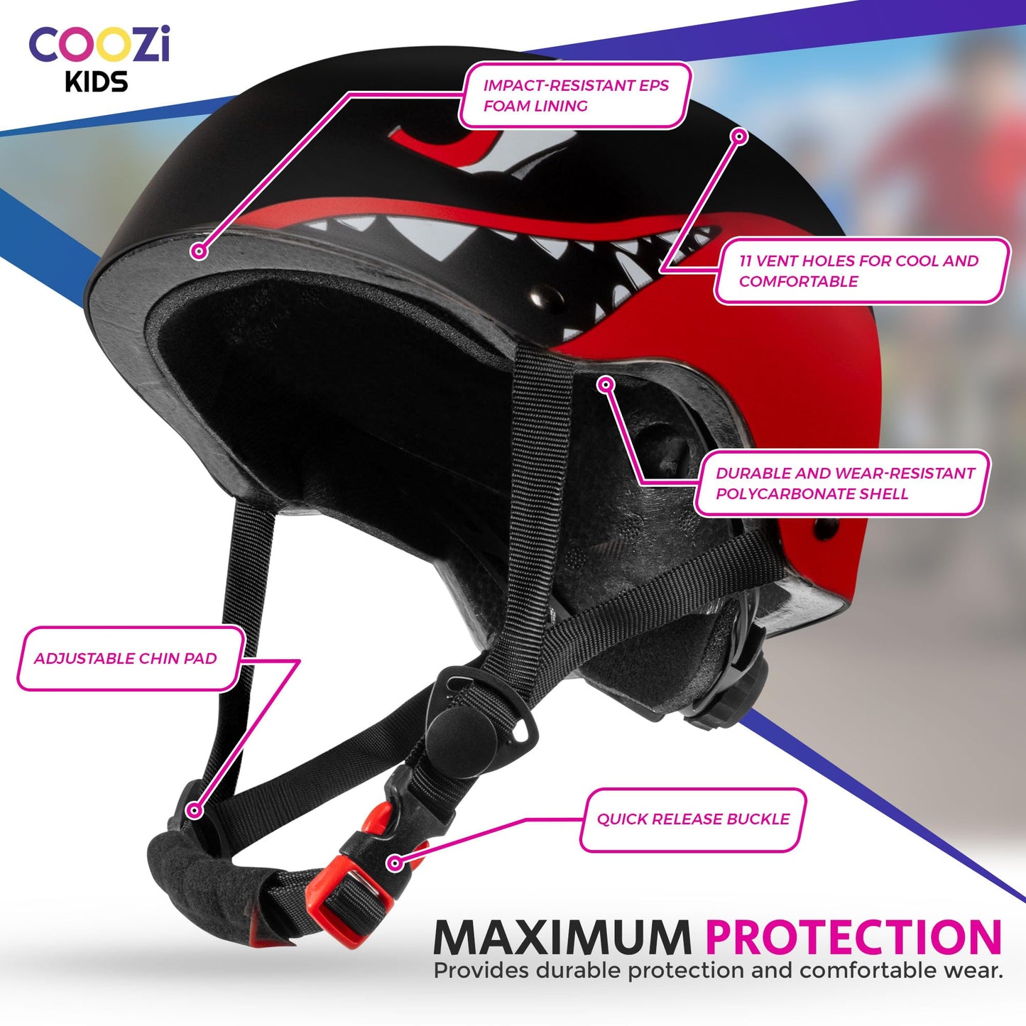 Niftii Kids Helmet with Pads - Adjustable Multi-Sport Complete Safety Gear for Cycling, Skateboarding & Scooting, Ideal for Boys & Girls Ages 3-15 Kids Bike Helmet Set, Shark