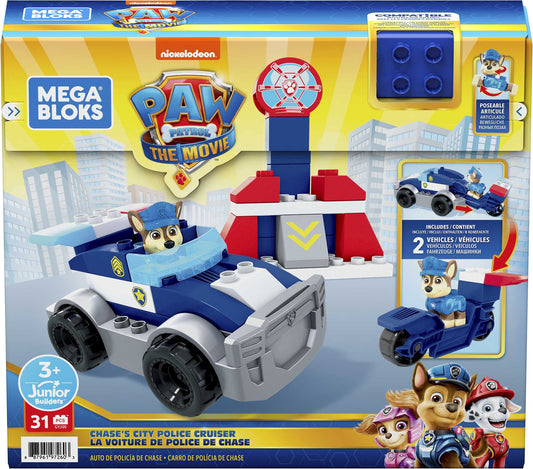 Mattel Mega Bloks PAW Patrol Chase's City Police Cruiser, 1 Poseable Chase Figure, 30 Mini Building Blocks, Building Toys for Toddlers, Ages 3+, GYJ00,