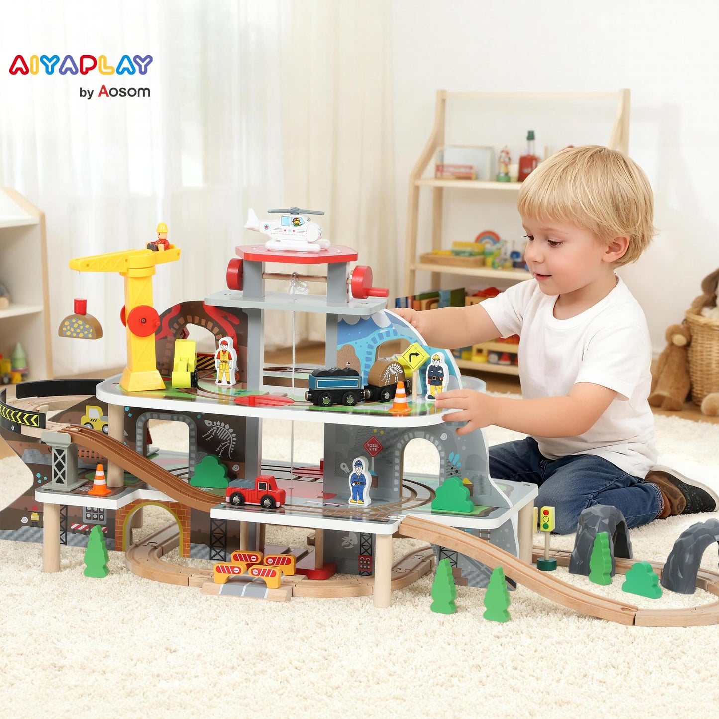 AIYAPLAY wooden train set with 79 pieces including tracks, crane, helicopter, and mine theme for kids ages 3+