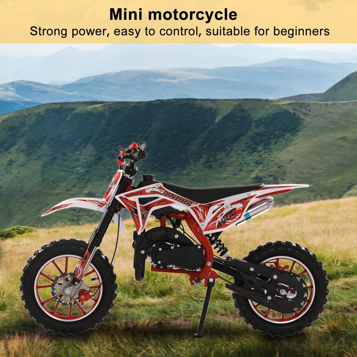 Loqifox 49cc kids dirt bike gas-powered mini motorcycle with off-road tires and dual disc brakes for children aged 8-12.
