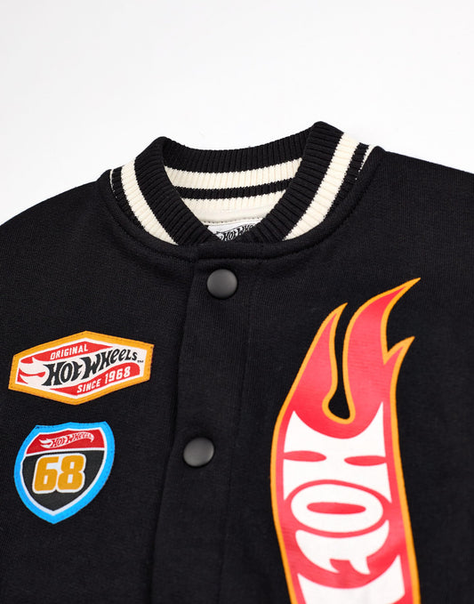 Hot Wheels Boys Bomber Jacket | Kids Flame Logo Graphic Print Varsity Jacket in Black | Childrens Turbo Race Car Print Zipped Baseball Jacket | Model Toy Cars Movie Merchandise Gift