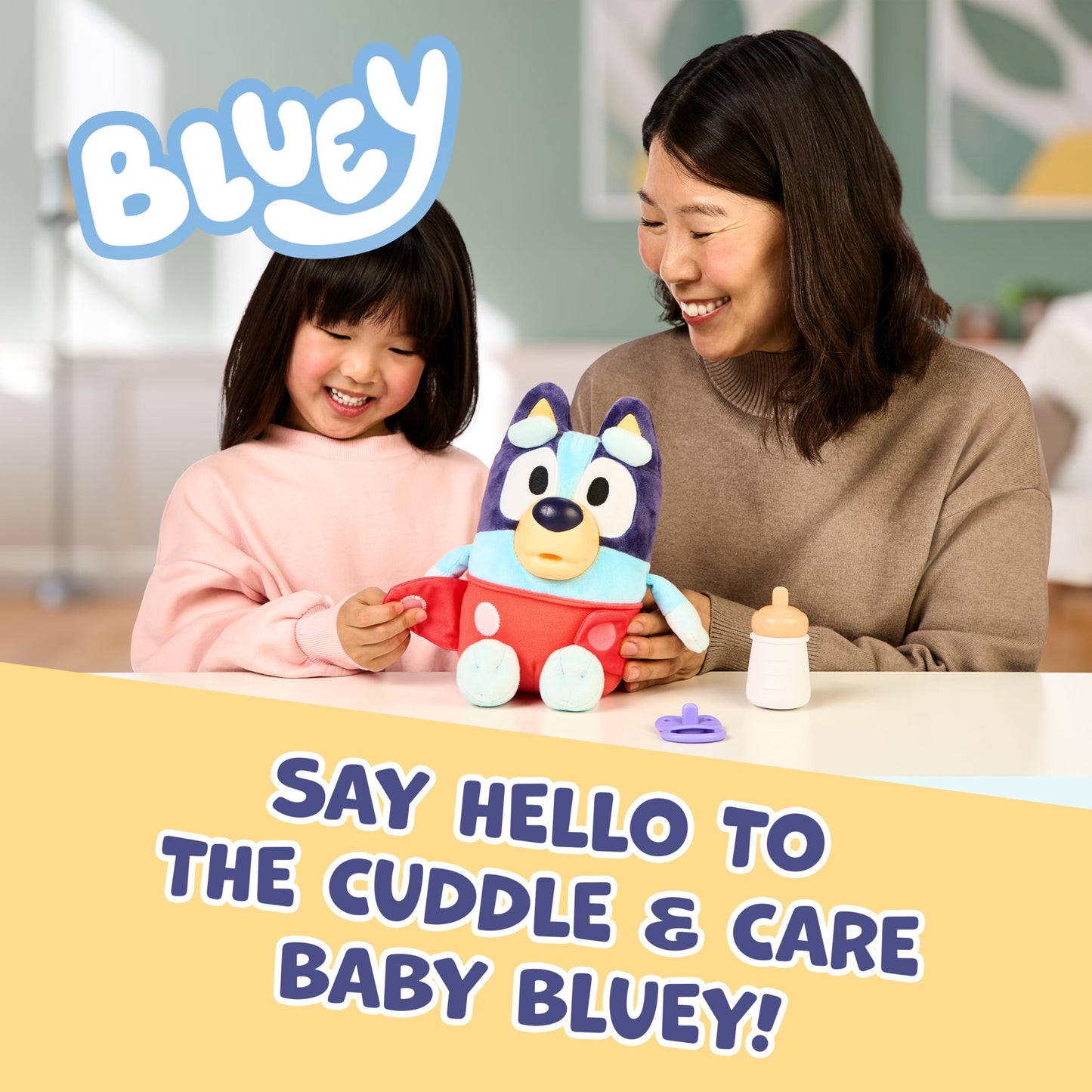 Bluey Cuddle And Care Baby, Nurture, Feed, and Soothe Baby, 28 CM Electronic Plush Toy With 10 Different Sounds, With 2 Accessories and Removable Diaper