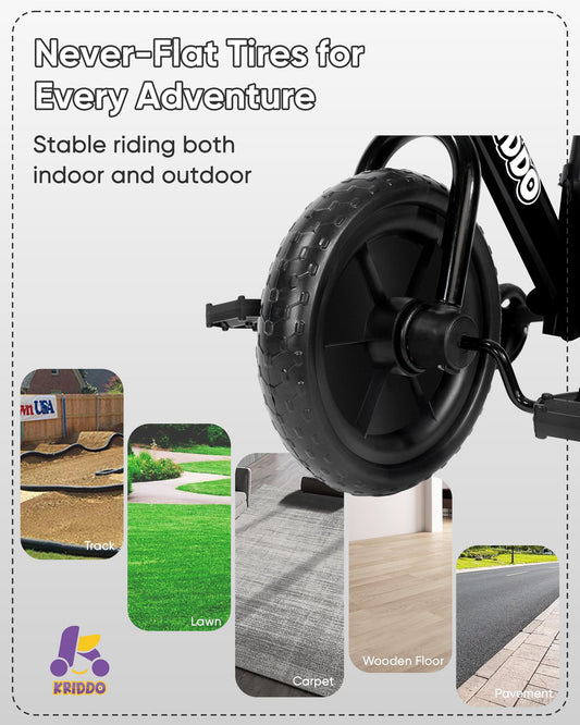 KRIDDO 2-in-1 kids tricycle and balance bike in black with detachable pedals and training wheels for toddlers.