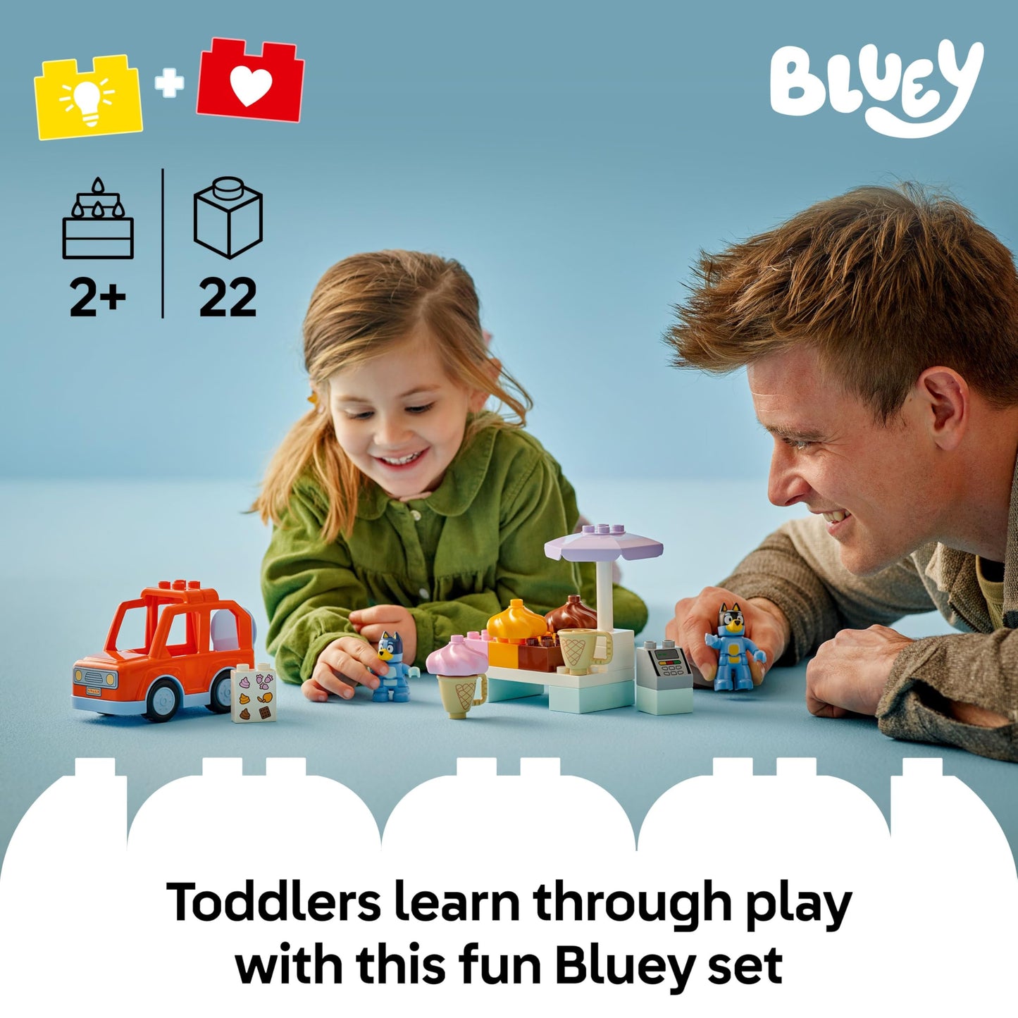 LEGO DUPLO Bluey: Ice Cream Trip with Bluey - Educational Motor Skills Toy for Toddlers, with a Toy Car and Ice Cream Stand, plus 2 Figures incl. Bandit - Gift for 2+ Year Old Girls & Boys - 10458