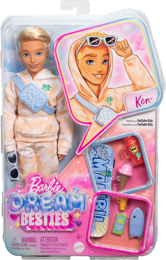 Barbie Dream Besties Ken doll with blonde hair, posable features, and summer-themed skateboard accessories.