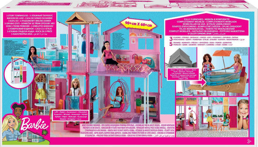 Barbie 3-Story Townhouse Dollhouse with Elevator, Swing Chair, Furniture and Accessories, Fold for Portability and Travel, DLY32
