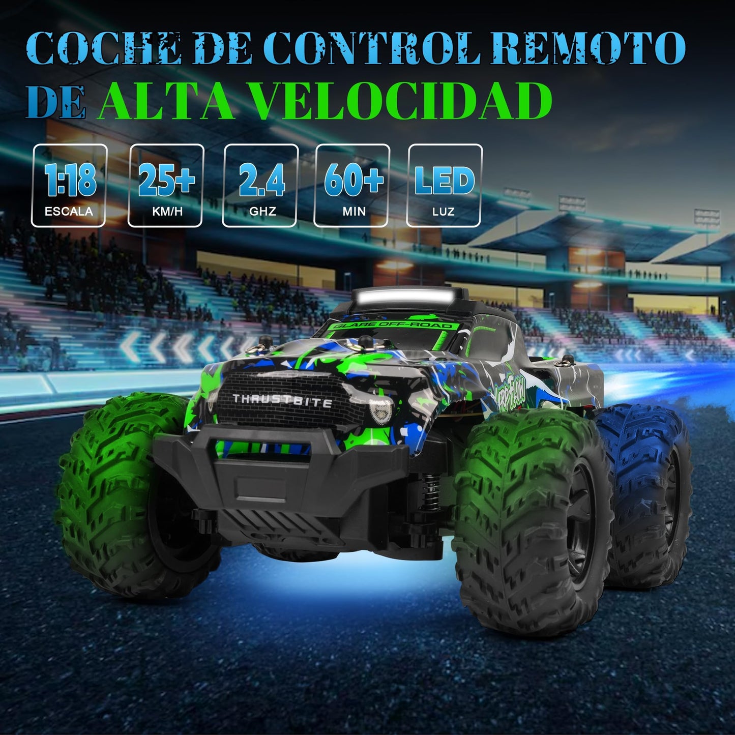 JOYTREKY Remote Control Cars - 1:18 Rc Car HighSpeed 25KMH+ LED Light with Spray 2.4GHz All Terrain Off Road Truck Toys 2 Rechargeable Batteries 60 Min Playtime Fast Racing Toy for Kids Adults - Green