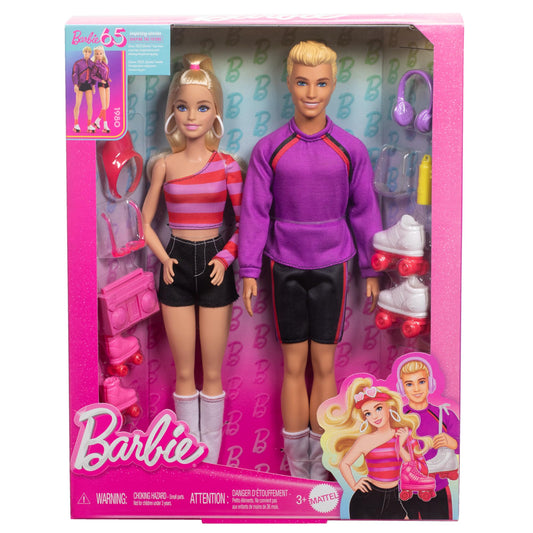 Barbie Fashionistas set featuring roller-skating Barbie and Ken dolls with colorful accessories for imaginative play.