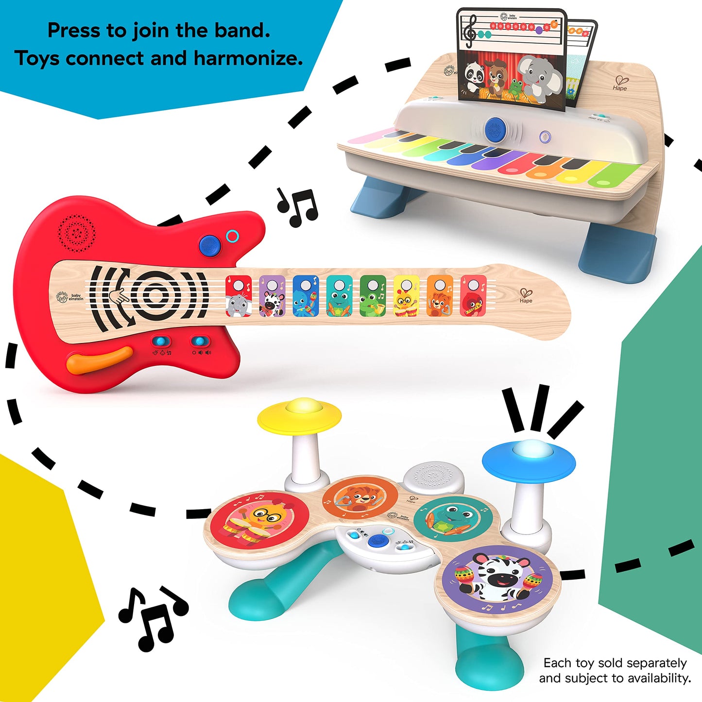 Baby Einstein Together in Tune Drums toddler musical toy with wireless wooden drums and magic touch buttons for ages 12 months+.