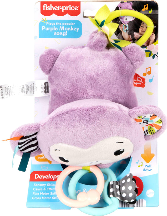Fisher-Price Baby Stroller Toy Purple Monkey plush with crinkle fabric and clackers, designed for newborns' sensory play
