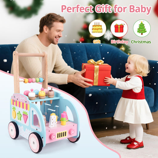 Wooden baby walker with wheels by Melofaver, toddler ice cream cart toy, multifunctional activity center for kids learning to walk.