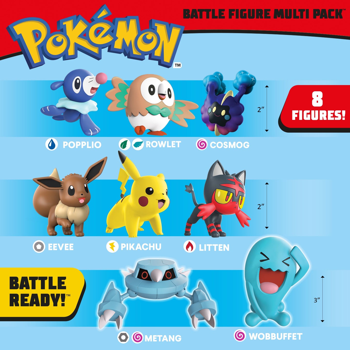 Pokemon Battle 8 Figure Multi Pack featuring 2" and 3" figures of popular Pokémon characters.