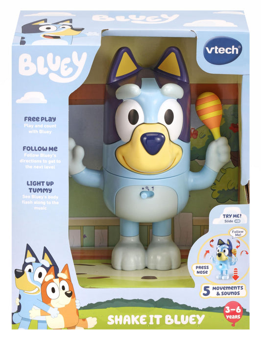 VTech Shake It Bluey, Official Character, Interactive Toddler Toy with Music, Sounds and Phrases from the TV show, Educational Learning Gift for Kids Age 3+, English Version, Blue