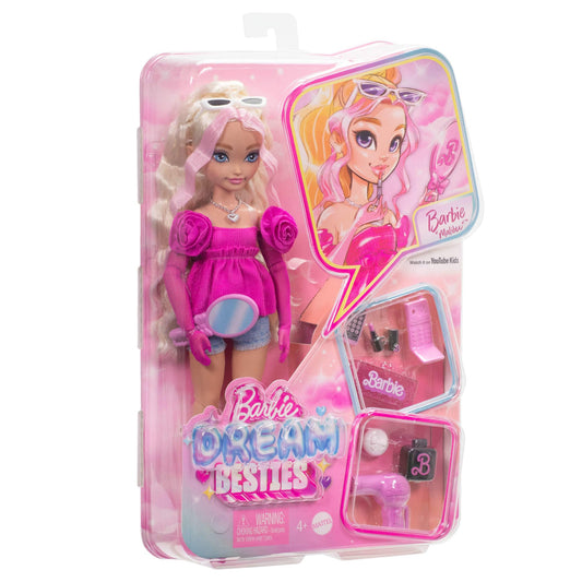 Barbie Malibu posable fashion doll with wavy blonde hair and 11 makeup and hair-themed accessories in the Dream Besties playset.