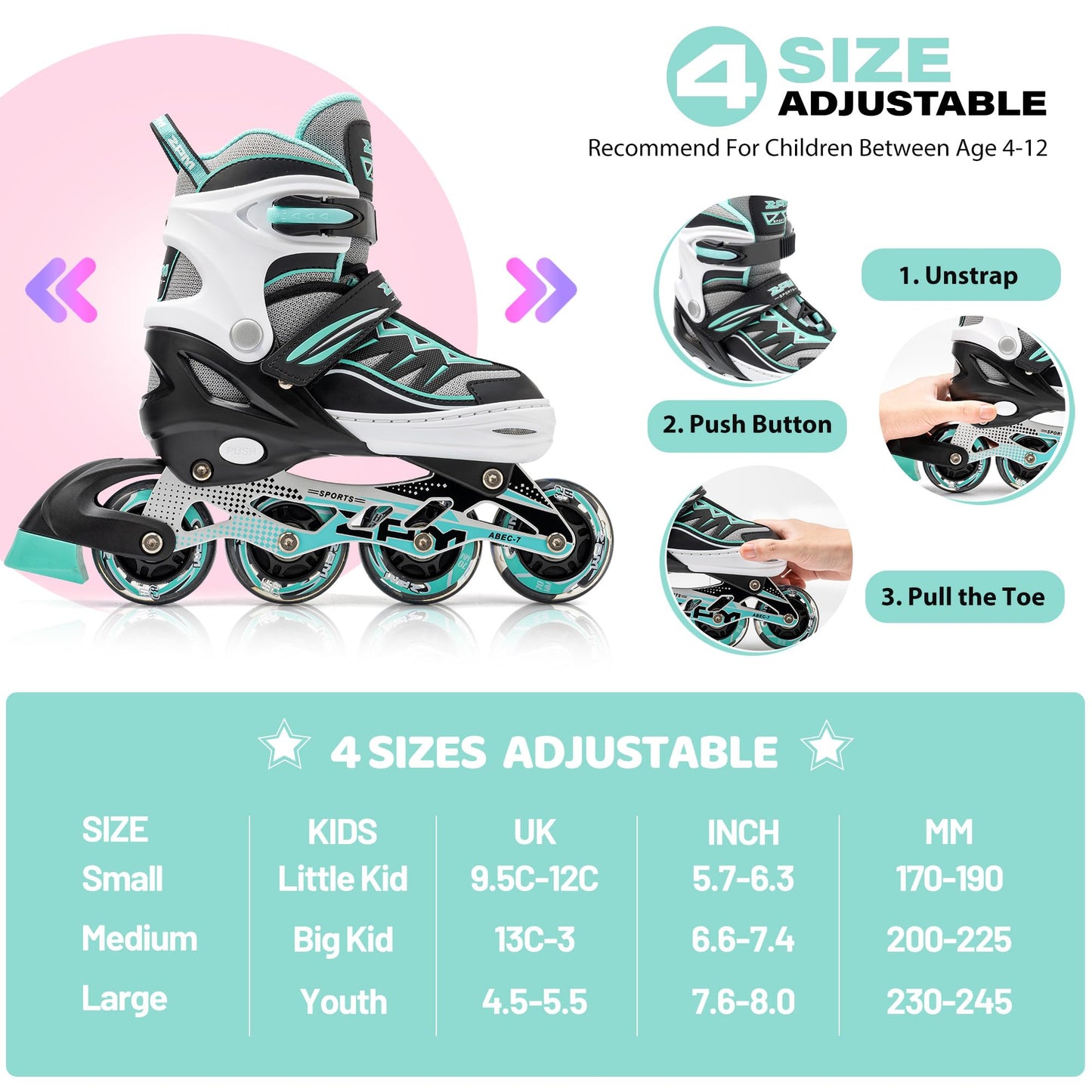 Mint 2pm Sports adjustable inline skates for boys and girls, featuring a stylish design and easy-to-wear beginner roller skate fit.