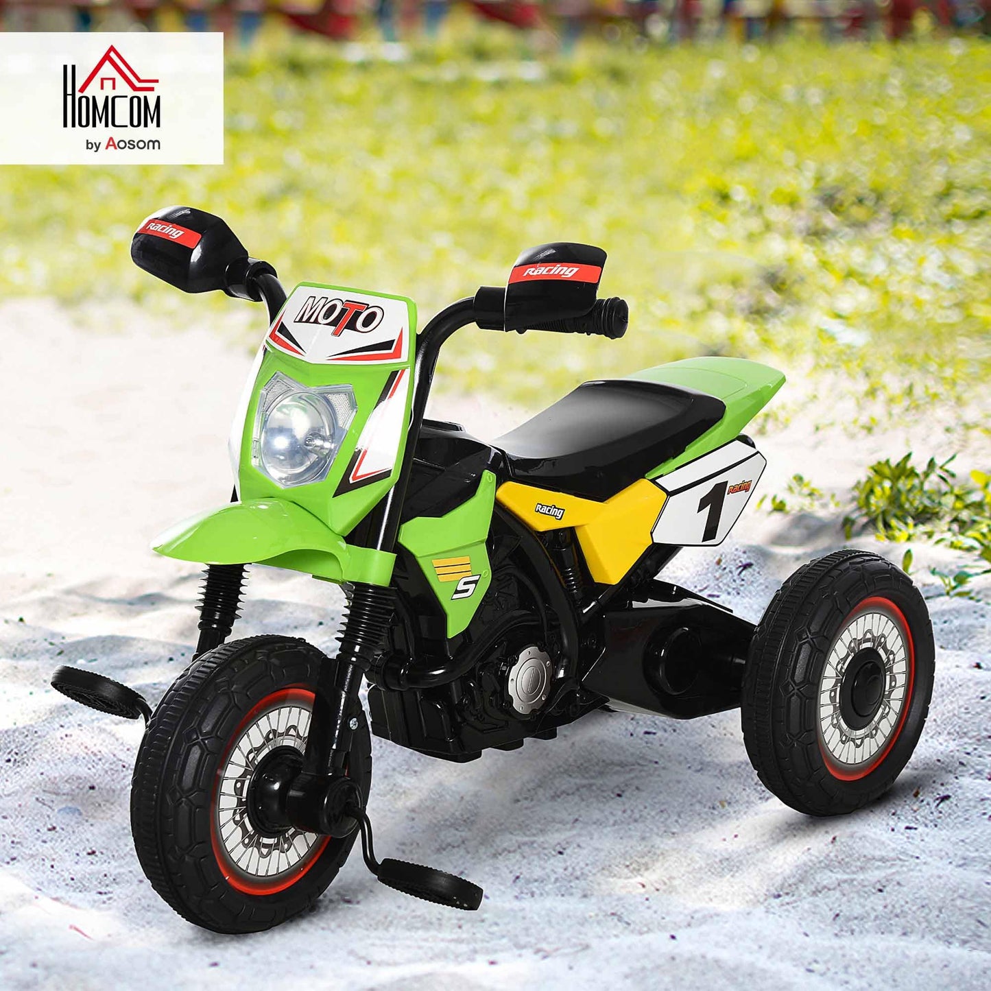 HOMCOM green trike for kids with music lights, stickers, and pedal handlebar for toddlers aged 18-36 months.