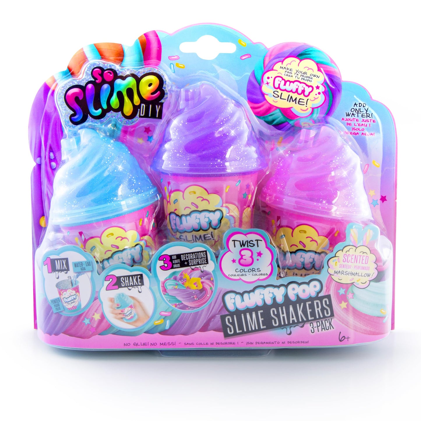 Canal Toys So Slime set featuring three pots of fluffy glitter slime with confetti and a mini surprise figurine for children.