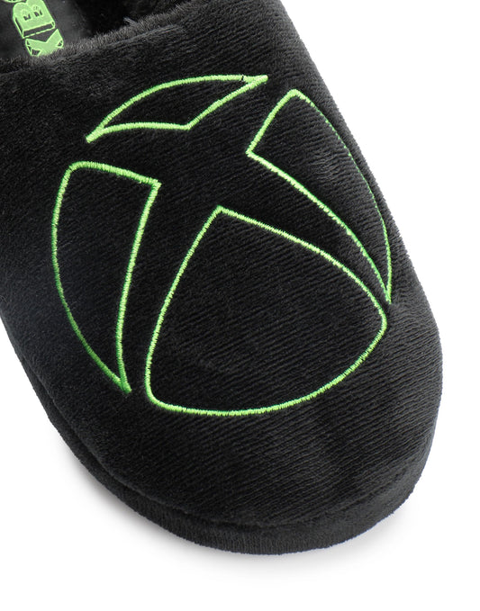 Xbox men's gaming slippers in black velour with rubber sole, fur-lined mules featuring Xbox logo for indoor comfort and style.