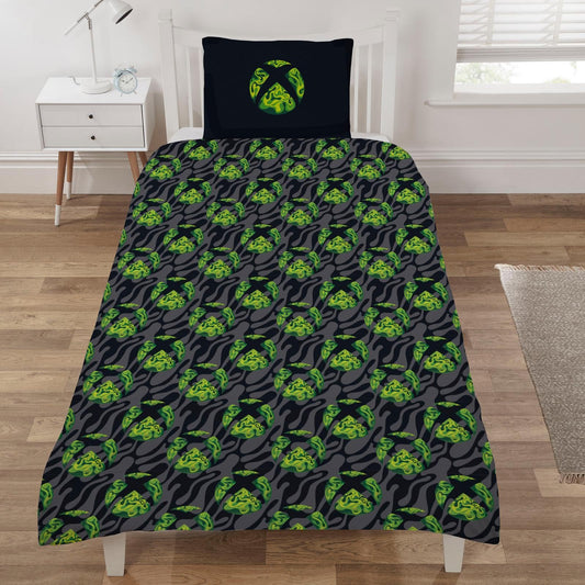 Xbox green and black single duvet cover set with pillowcase, soft polycotton, reversible design, ideal for boys' bedroom bedding.