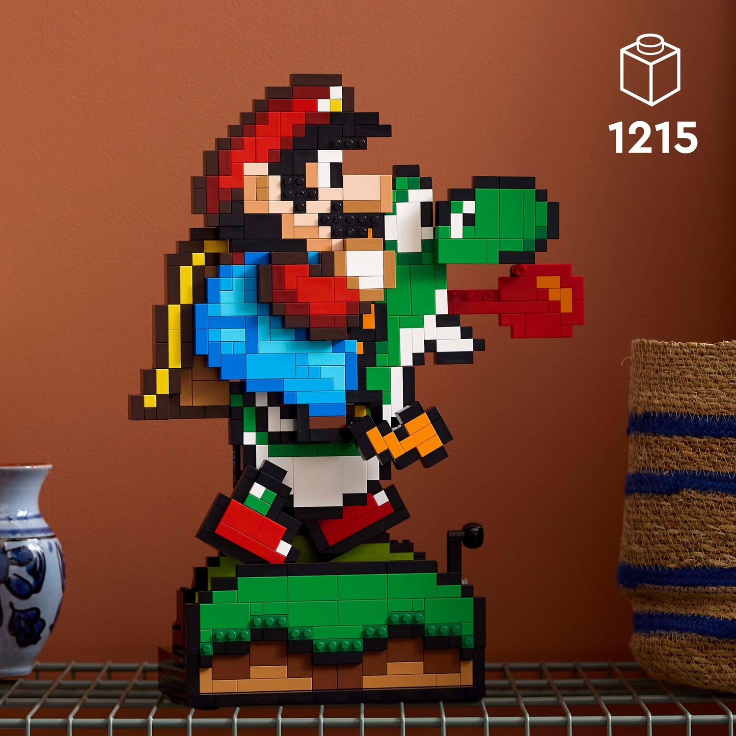 LEGO Super Mario World building set featuring Mario and Yoshi pixelated figures, ideal for home decor and collectible gaming fans