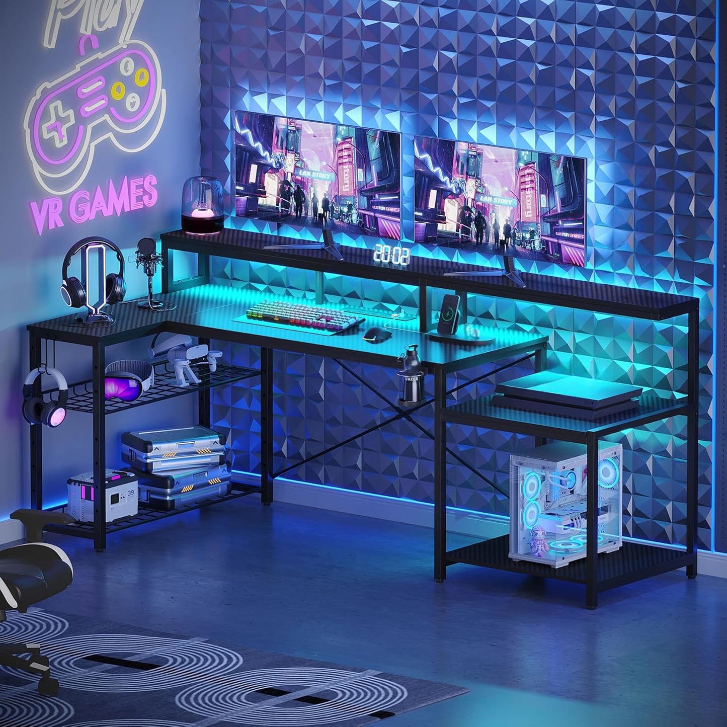 Bestier 181CM L-shaped gaming desk with RGB LED lights, monitor stand, storage shelf, USB ports, power outlets, cup holder, and headset hook