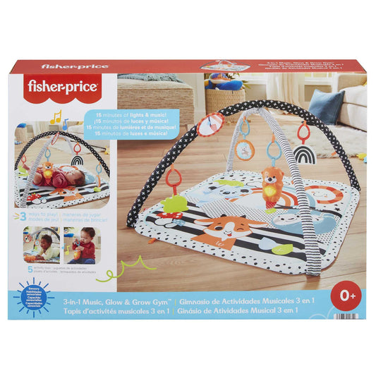 Fisher-Price 3-in-1 baby gym with colorful sensory toys, lights, sounds, and a music glow for newborn tummy time and play.