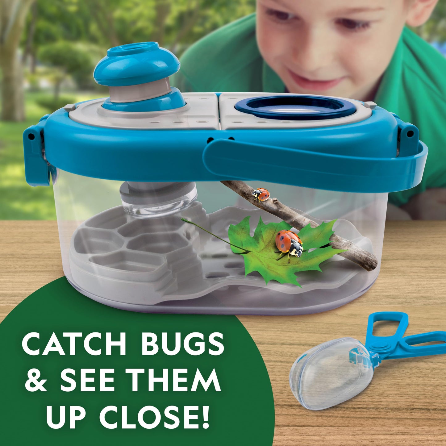 Blue Marble National Geographic bug catcher kit for kids with net, insect habitat, magnified viewers, and tweezers for outdoor exploration.