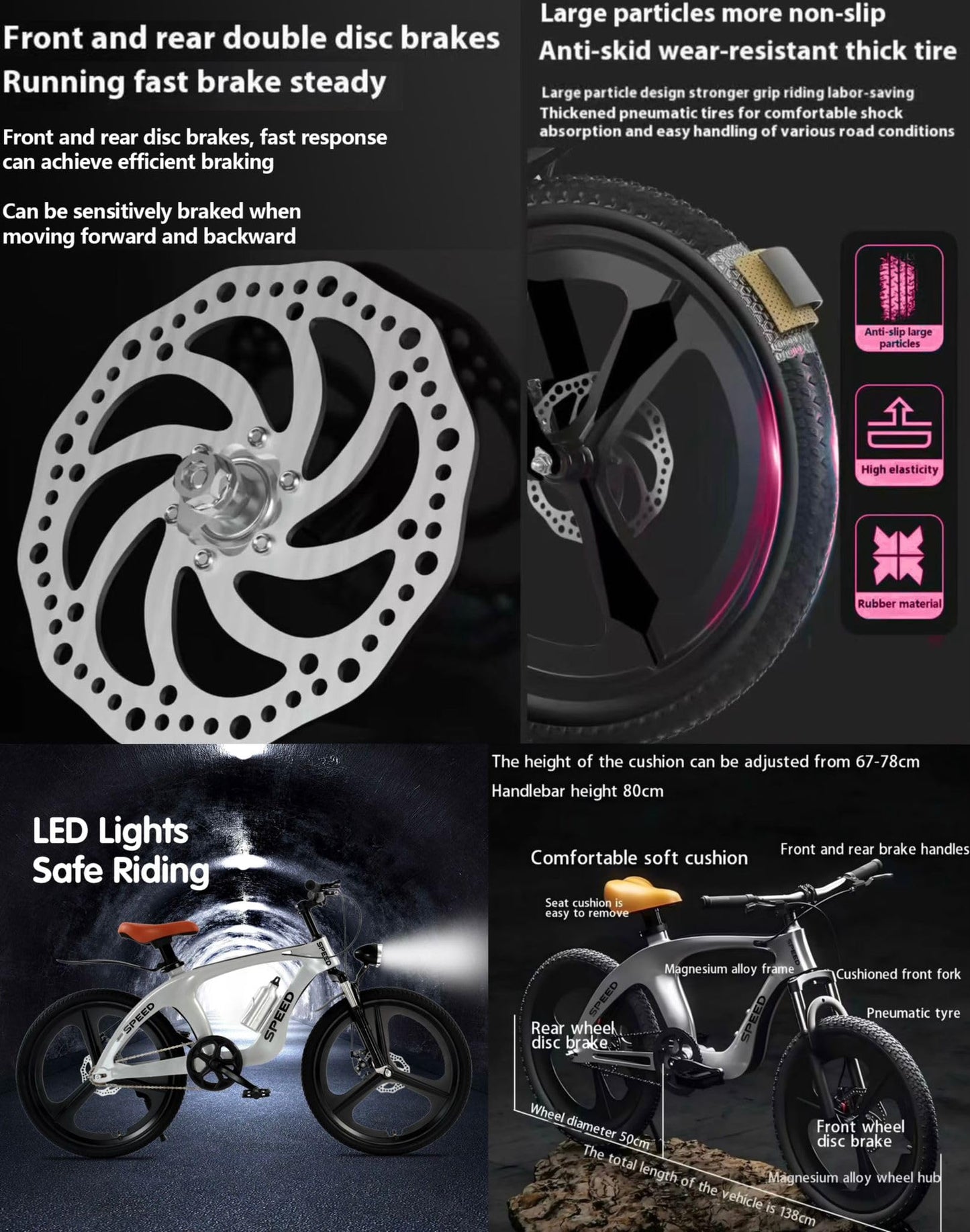 Elegant Kids Bike, 20” 22" 24” Mountain Bike, Road Bike, Sport Bicycle, Elegant Design, Suspension, Magnesium Alloy Frame and Wheels, Dual Disc Brakes, Tool Kit, LED Headlight, 6 to 12 Years (24 Inch)