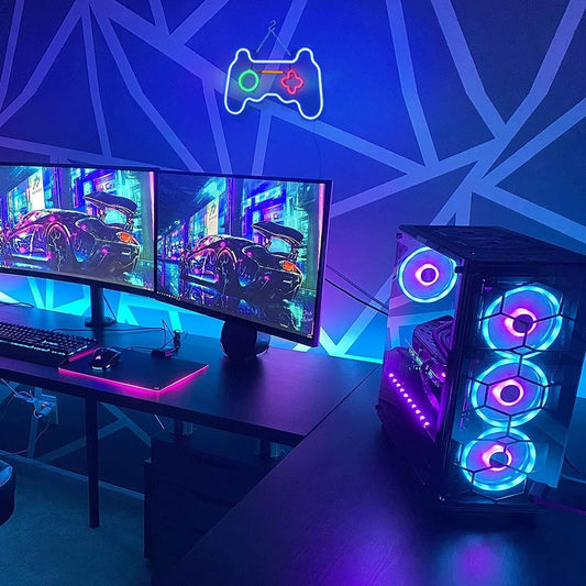 MEDE Dimmable Game Neon Sign, Glass Gaming Neon Light Sign Powered by USB with Switch, Blue Led Light Sign for Bedroom Wall Decor Game Room Party Decoration