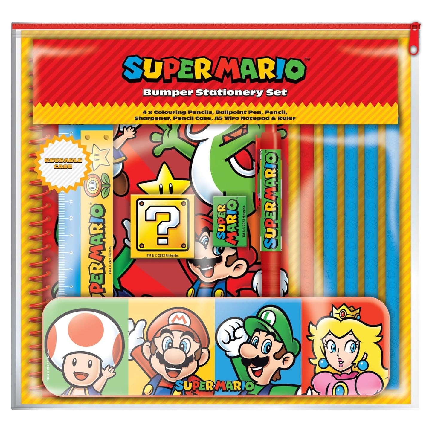 Super Mario Bumper stationery set with colorful core design, includes pens, pencils, and office supplies, officially licensed Nintendo merchandise.