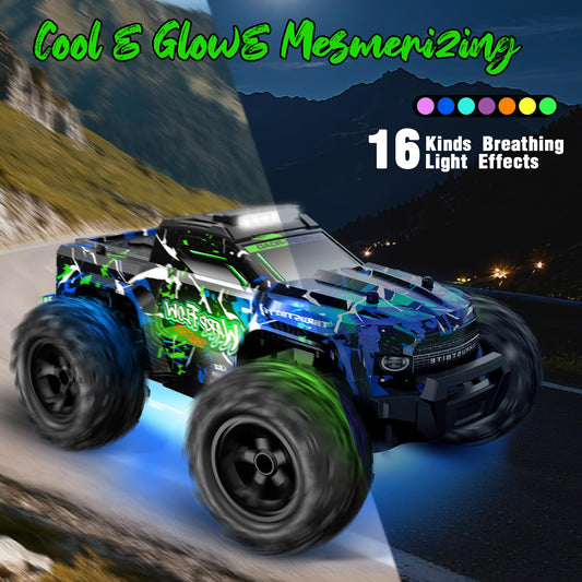 BAZADER 1:18 remote control RC truck with LED lights, all-terrain off-road design, high-speed racing, spray feature, and 60-minute playtime