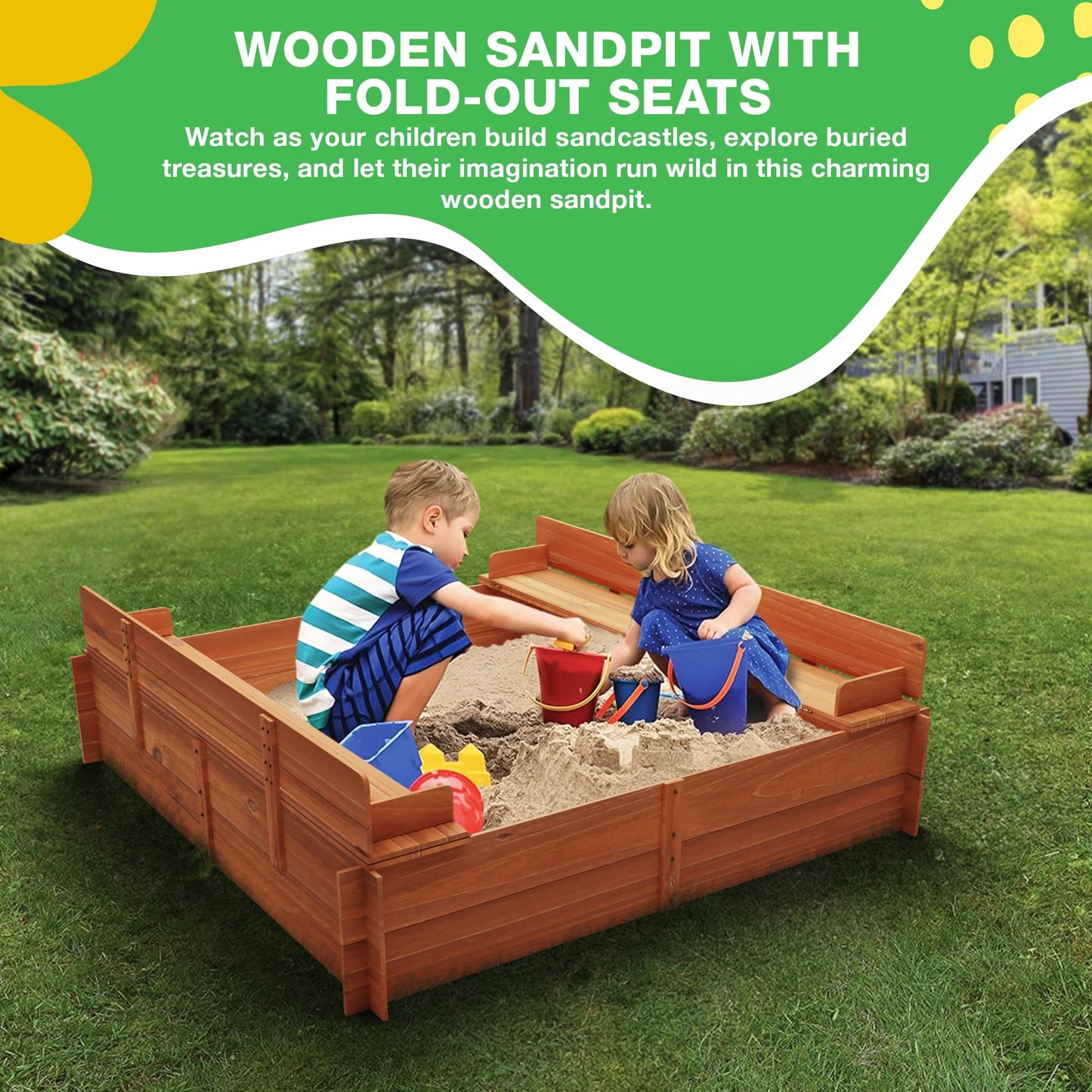 Big Game Hunters Sand Pit | 96 x 96 Square Wooden Sandpit with Lid | Outdoor Sandpit with Fold Out Lid that Becomes Seats for Children | Wooden Kids Toys